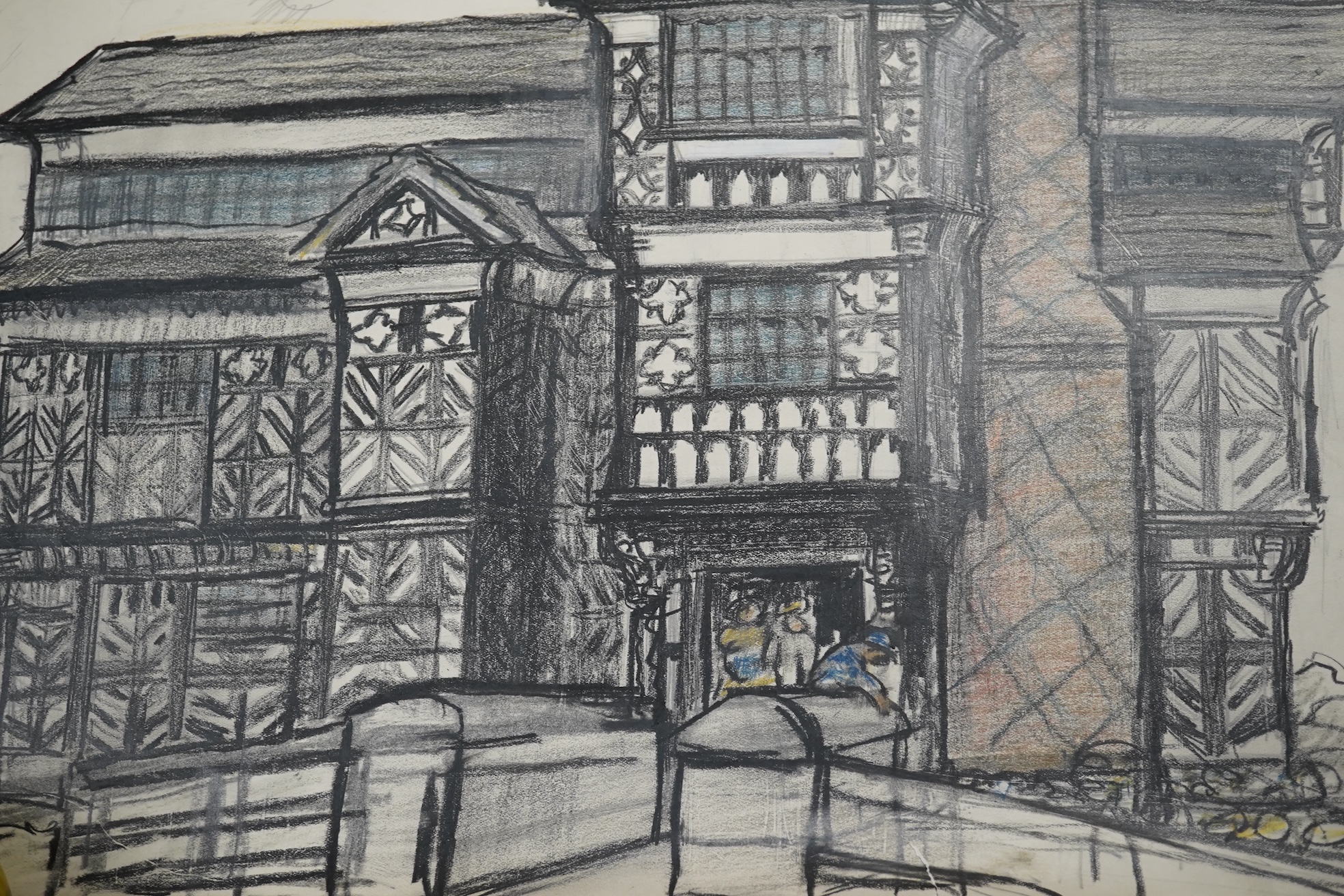 Adrian Paul Allinson ROI (1890-1959), two pencil / charcoals from the artists sketch book, Market scene and Tudor house, unsigned, unframed. Condition - fair, some tears